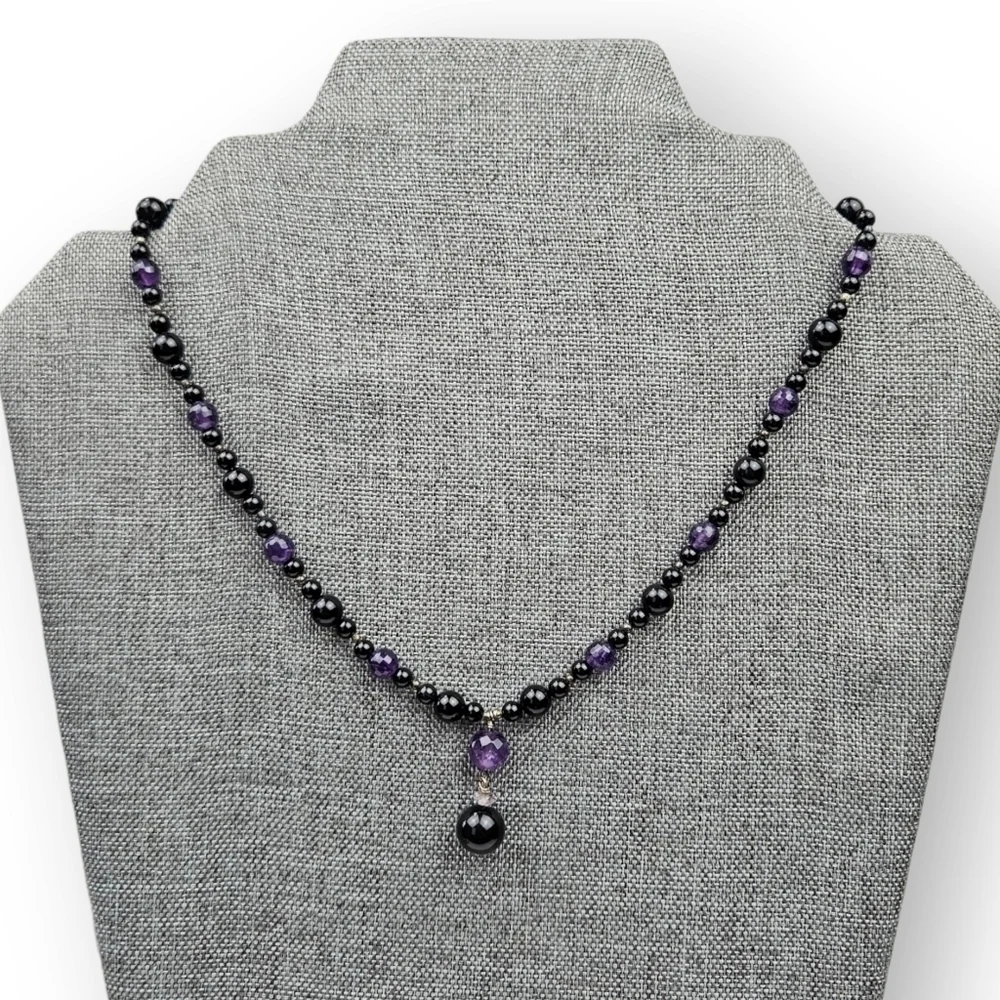 GENUINE Amethyst Beaded Necklace Black Glass Y Pendant 925 Sterling Silver 16.5